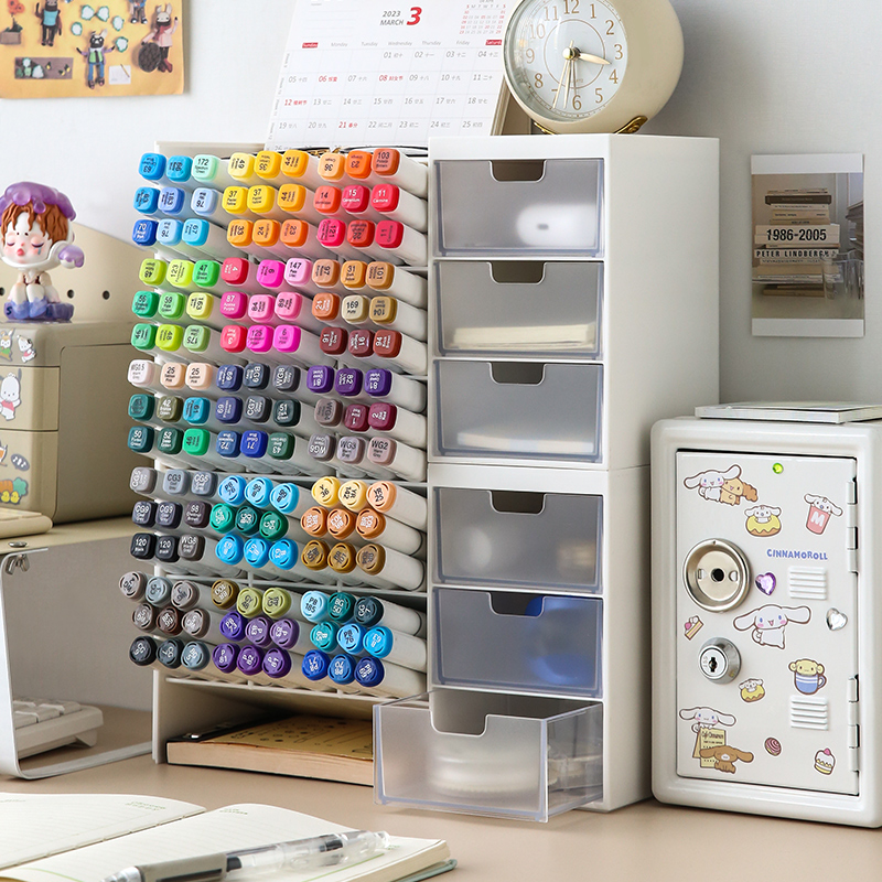 桌面文具收纳盒抽屉式儿童书桌置物架学习桌学生整理斜插笔筒一体