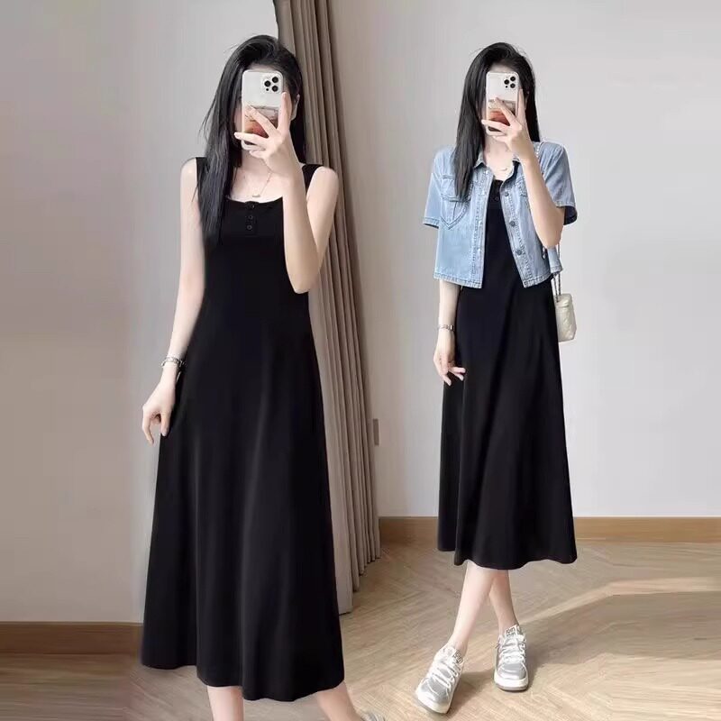 2025新款吊带连衣裙大码女胖mm高级感遮肚子显瘦梨型身材穿搭套装