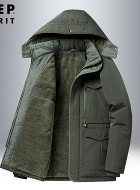 吉普JEEP加绒加厚棉衣男冬季保暖新款中老年爸爸棉服工装超厚外套