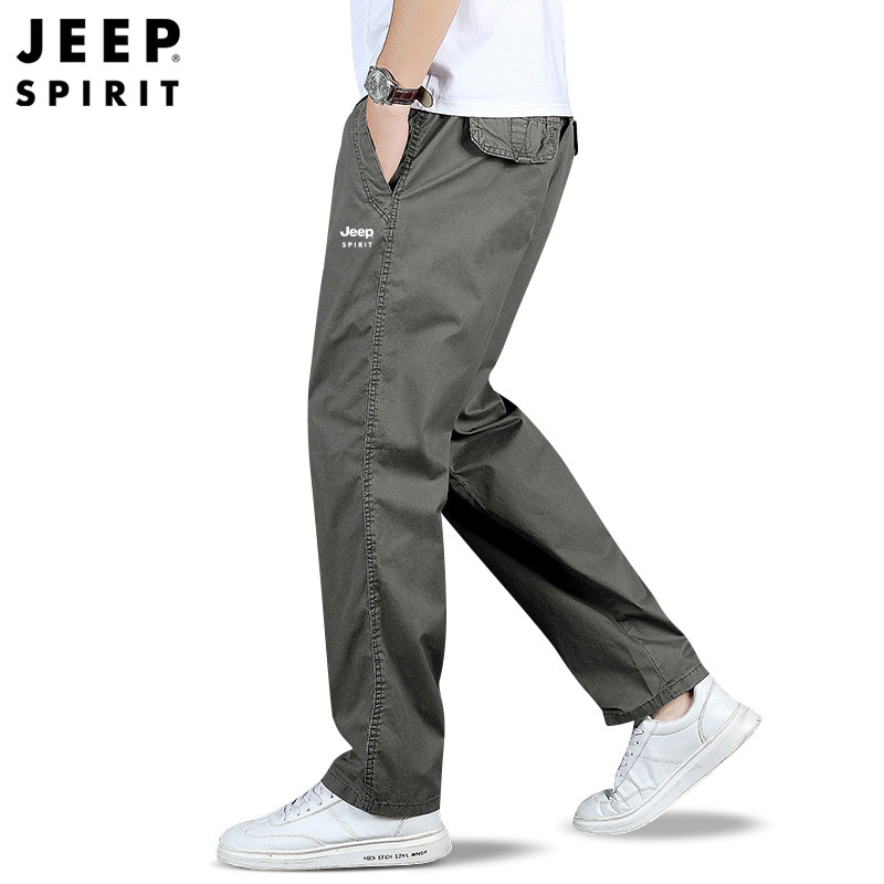 jeep吉普纯棉休闲裤男春秋中老年爸爸款男裤中年直筒宽松抽绳裤子
