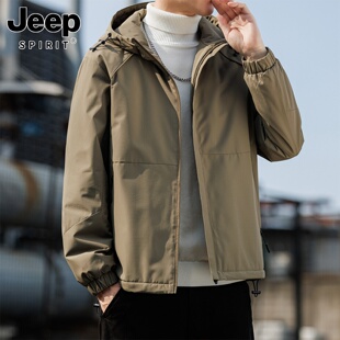 吉普加绒加厚外套男士冬季新款宽松连帽休闲运动夹棉保暖夹克男款