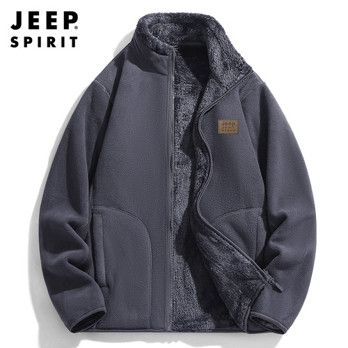 JEEP吉普加绒加厚卫衣男士冬季双面穿抓绒衣中年爸爸立领休闲外套