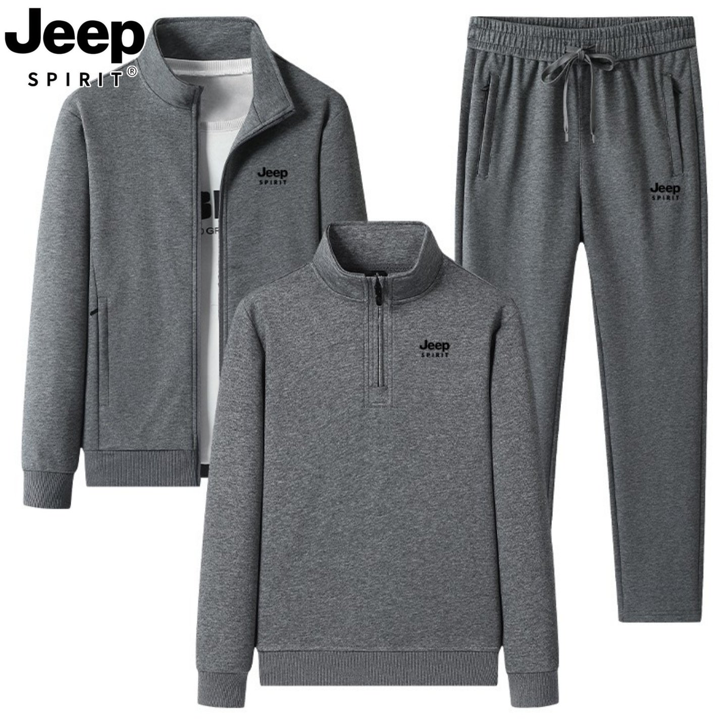 吉普纯棉运动套装男士春季中老年男装爸爸装跑步休闲运动服三件套