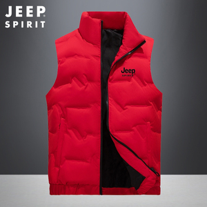 吉普JEEP羽绒马甲男冬季保暖宽松坎肩红色马夹大码外穿羽绒服背心