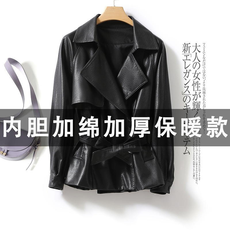 海宁绵羊皮短款女外套系带收腰真皮女2025春秋新品韩版黑色皮衣女