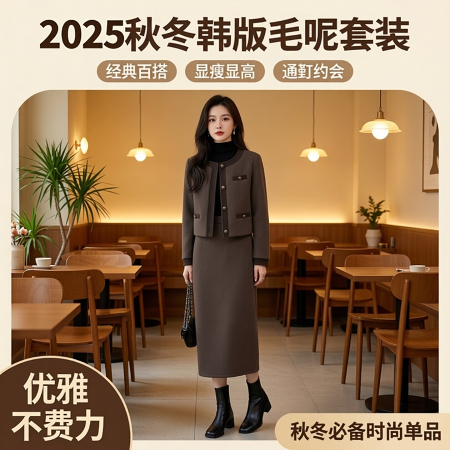 2025秋冬新款韩版时尚单排扣毛呢短外套两件套女中长款半身裙套装