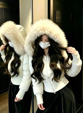 韩系短款大毛领连帽显瘦棉服女