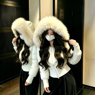 韩系小个子棉衣辣妹短款棉服女装大毛领连帽收腰修身显瘦棉袄上衣