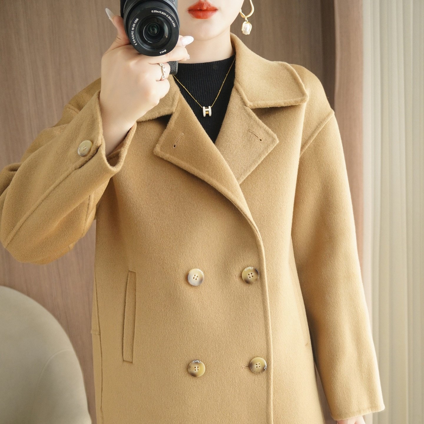 西装领女士纯羊毛双面毛呢外套气质通勤修身型中长款带兜系扣大衣