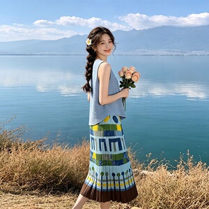 夏季三宅风褶皱无袖印花两件套