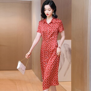 高级感真丝连衣裙女衬衫领设计短袖垂感夏季新款气质复古港味裙子
