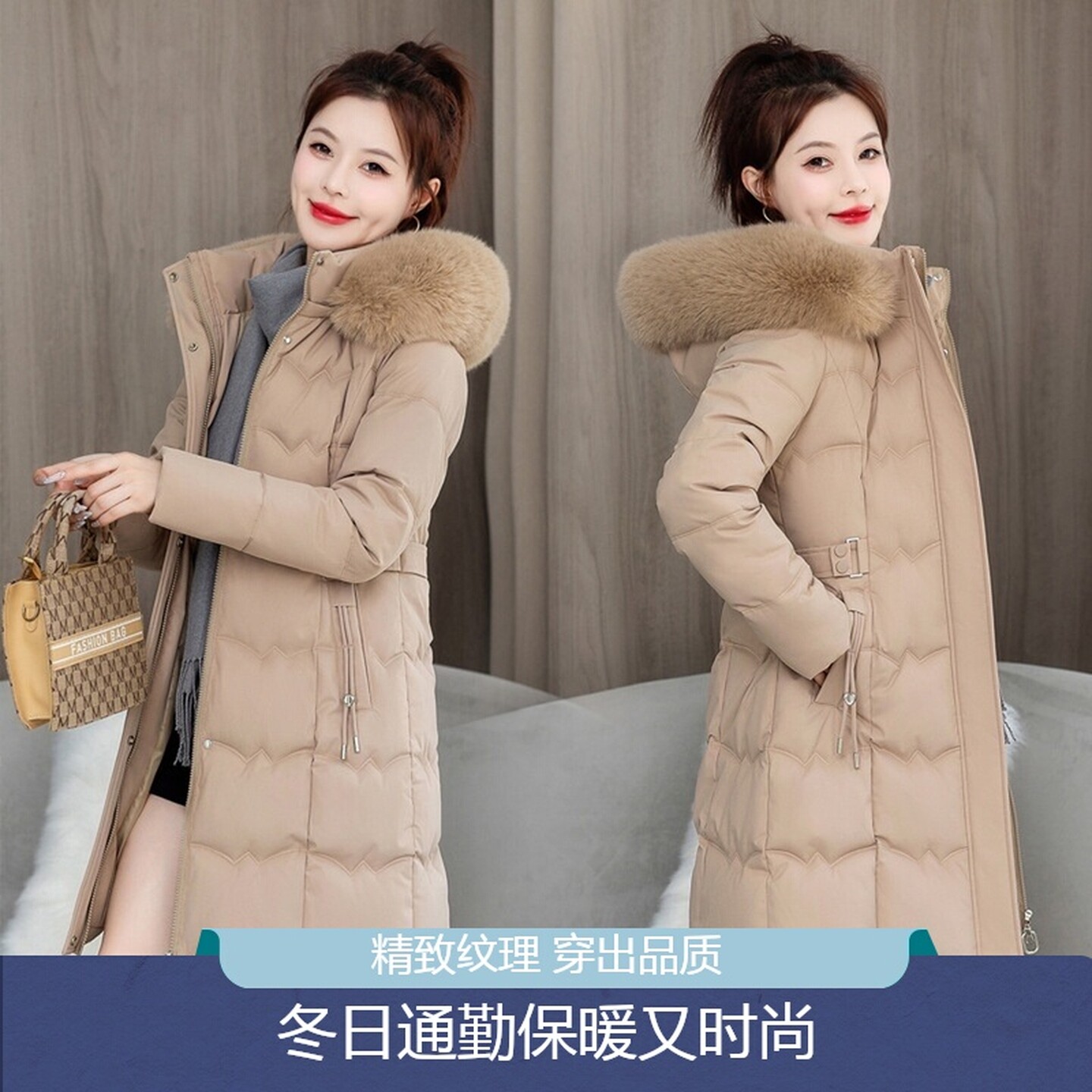 韩版冬季中长款修身显瘦加厚棉服妈妈外套大毛领可拆卸保暖羽绒棉