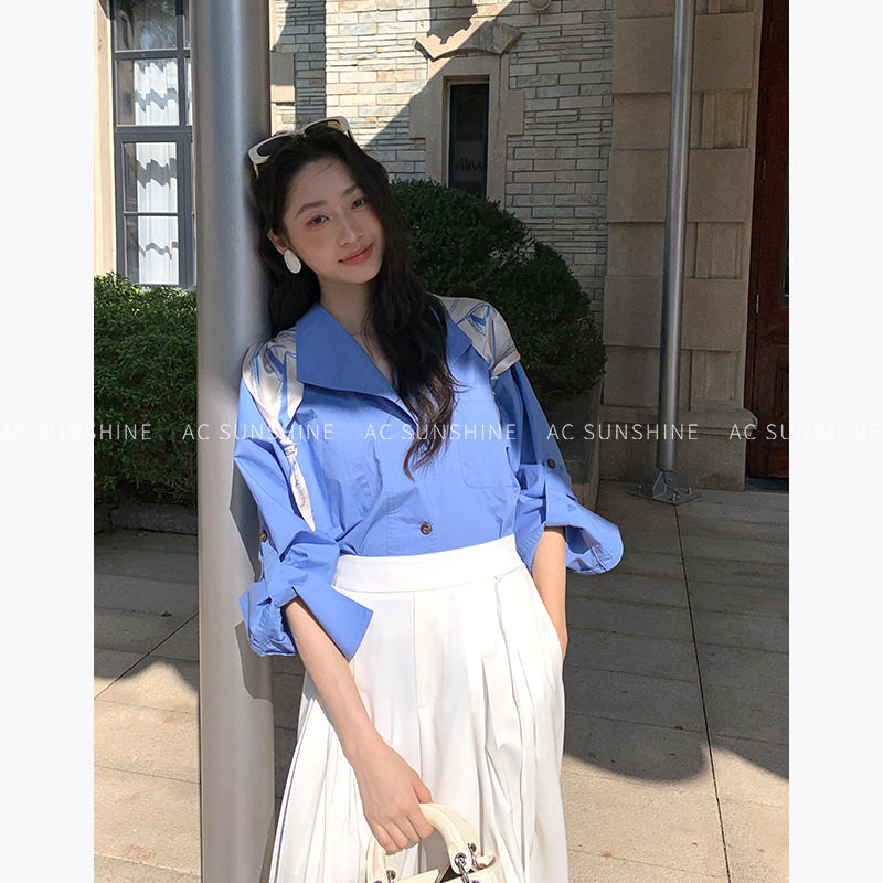 绳结漫调撞色纯棉宽松显瘦衬衫