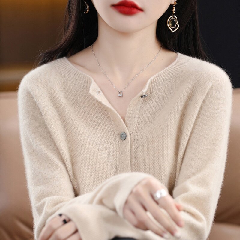 纯羊毛针织开衫女秋冬宽松百搭