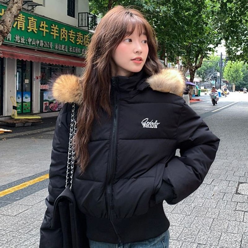 韩版小个子冬装羽绒棉服短款大毛领新款加厚保暖棉袄收腰夹棉外套