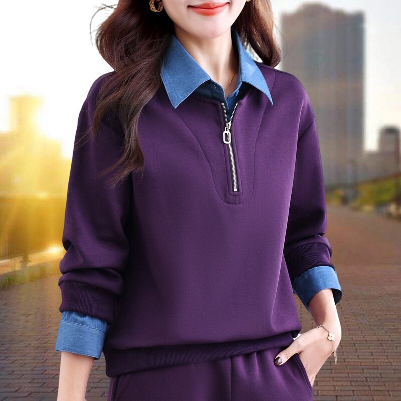 新款撞色翻领假两件时尚休闲长袖套头卫衣女2026年春季拉链妈妈装