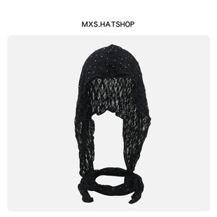 潮酷时髦蕾丝钩花镂空套头帽子女个性长绑带围脖一体多用途头巾帽