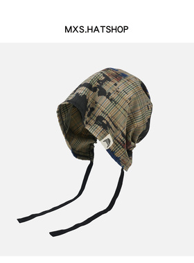 小众格纹系带套头帽子男女个性不规则扎染涂鸦包头帽慵懒风堆堆帽