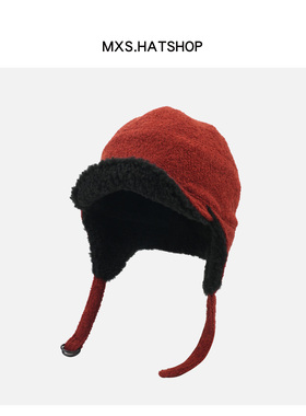 韩系复古红色飞行员帽男女冬季加厚保暖两面戴冷帽毛绒护耳雷锋帽