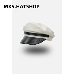 画家帽 英伦春秋鸭舌帽女优雅白色贝雷帽皮檐平顶帽复古海军风时尚