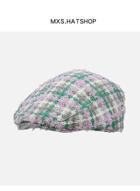 紫绿色格纹毛边贝雷帽女秋冬英伦风文艺休闲画家帽百搭时尚前进帽