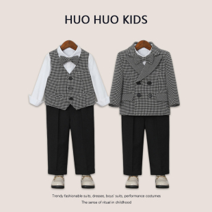男童西装套装千鸟格西服外套儿童周岁婚礼花童演出礼服长裤马甲