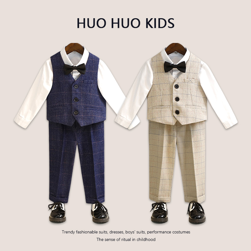 秋冬新品！儿童西装套装宝宝周岁格子外套礼服演出服男童花童礼服