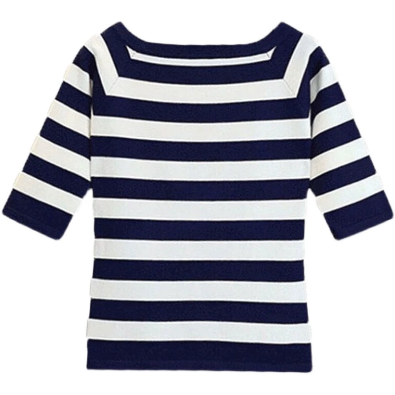 一字肩条纹针织衫洋气减龄上衣