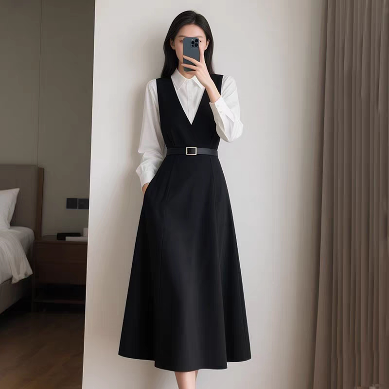 2026春秋装V领背带连衣裙白色长袖衬衫两件套装裙子黑色背心裙女