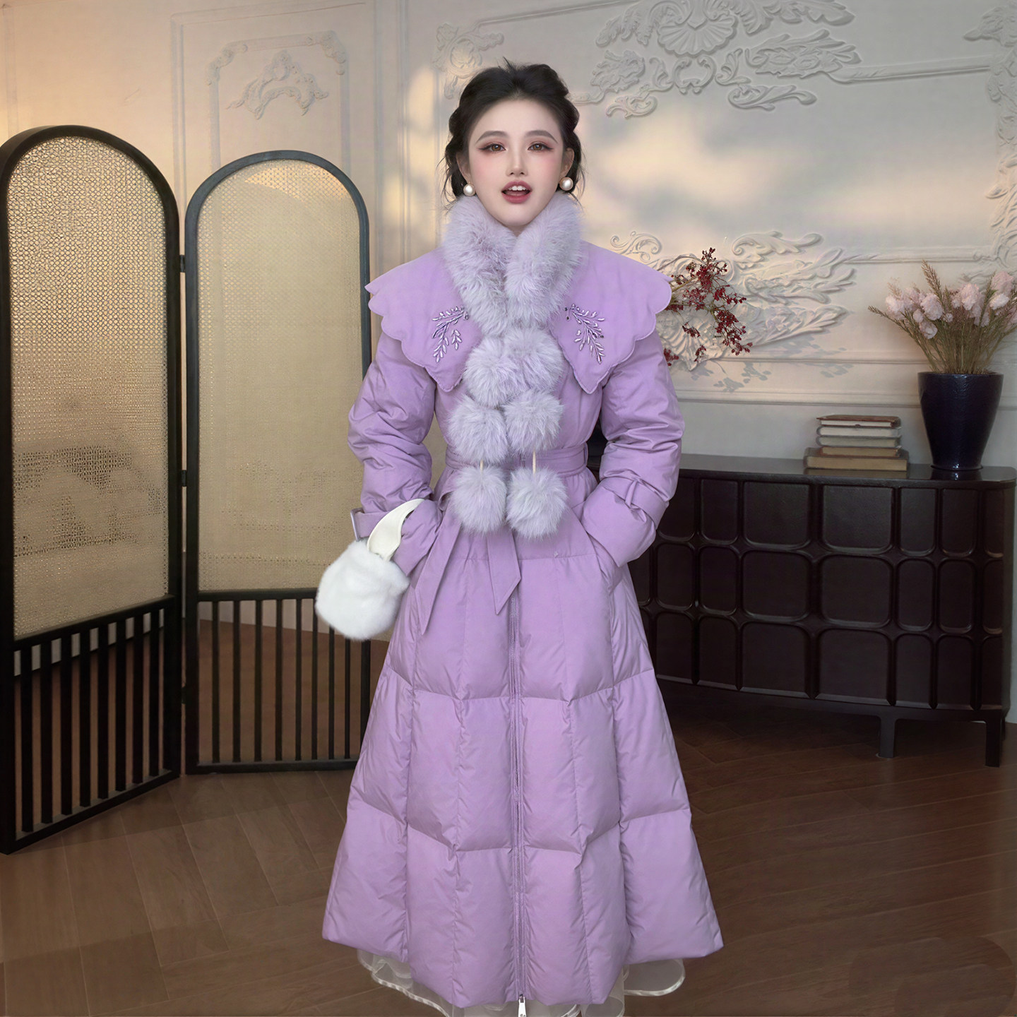 冬季白鸭绒 中式绣花大翻领系带收腰显瘦长款羽绒服女紫色外套