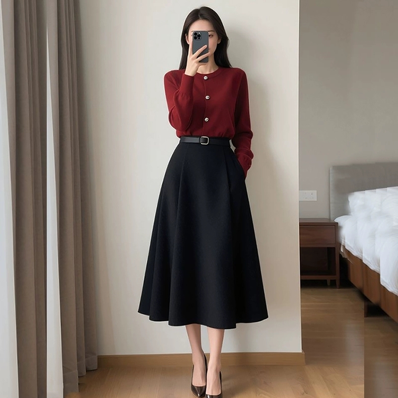 25秋冬新款酒红色针织上衣套装