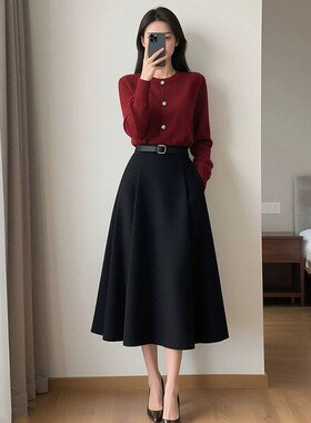 25秋冬新款酒红色针织上衣套装