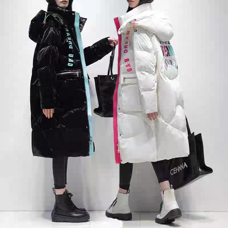 2025新款拼色羽绒服宽松过膝长款