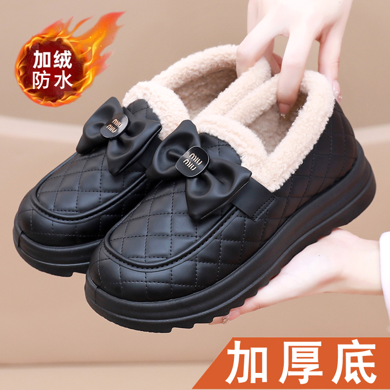 冬季新款老北京布鞋女棉鞋加绒加厚保暖防水皮面防滑雪地靴女厚底