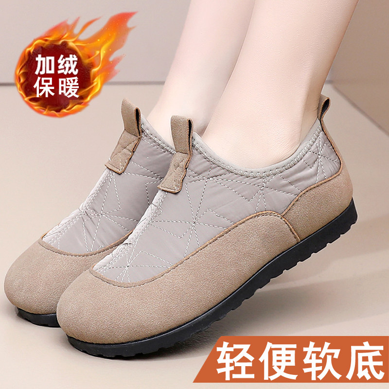 冬季老北京布鞋女士加绒保暖棉鞋一脚蹬懒人软底防滑雪地靴妈妈鞋