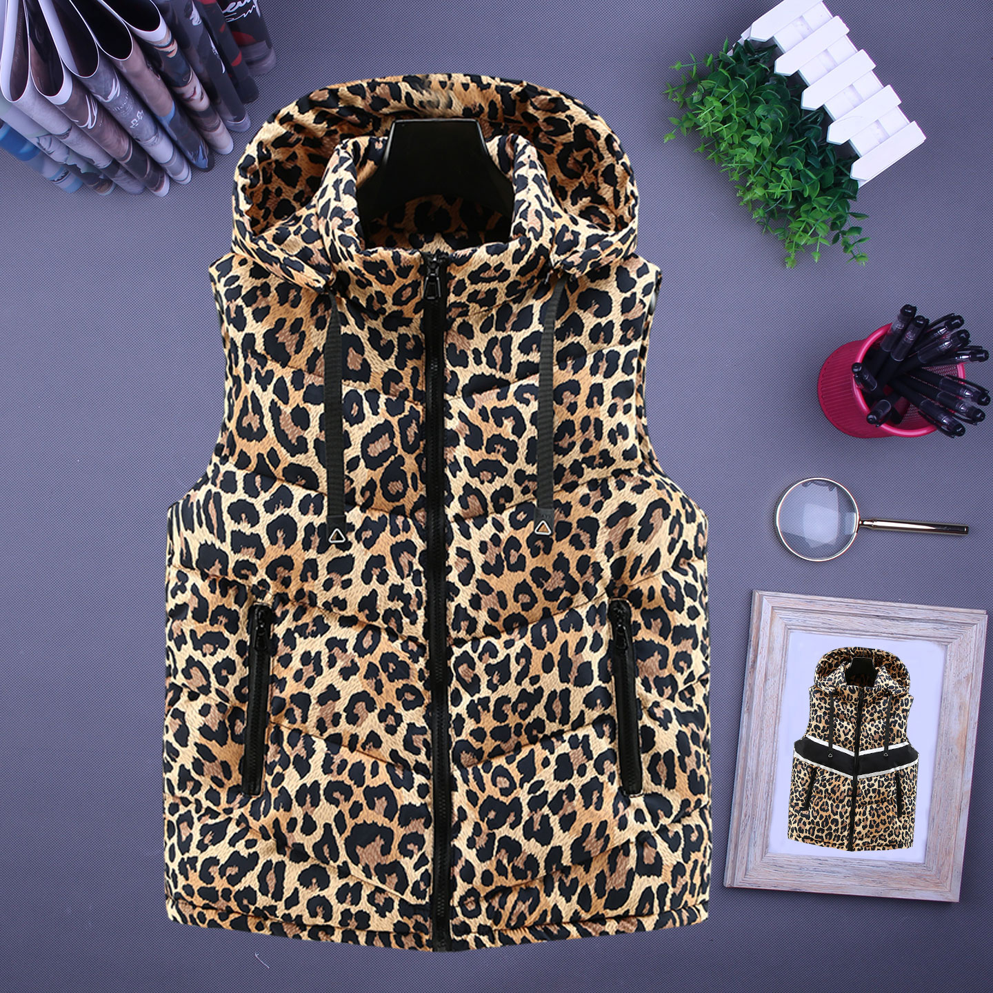 秋冬季欧美风豹纹连帽马甲