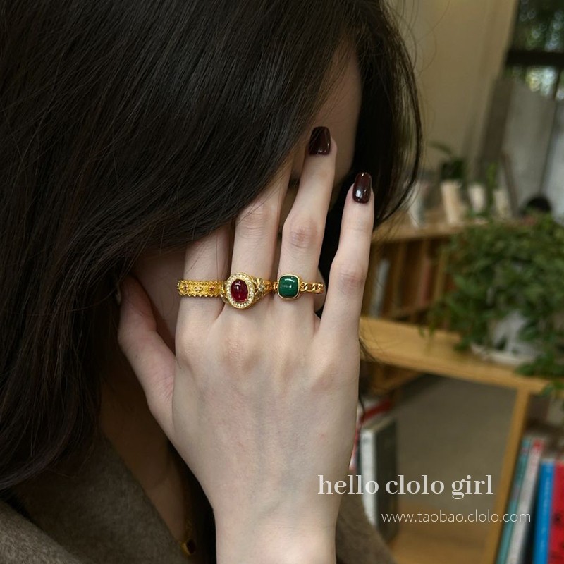 人间富贵花*中古vintage戒指复古金色指环食指轻奢高级感新款叠戴