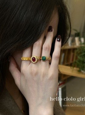 人间富贵花*中古vintage戒指复古金色指环食指轻奢高级感新款叠戴