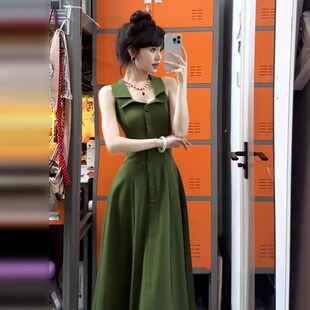 2026新款 绿色挂脖吊带连衣裙子女夏季 收腰气质背心长裙 无袖 新中式