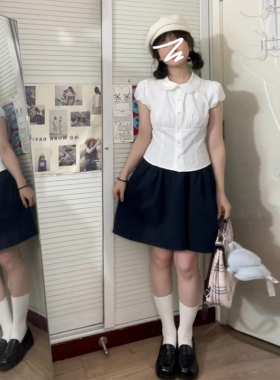 小个子娃娃领白色短袖衬衫女夏季2026新款泡泡袖短款法式上衣衬衣