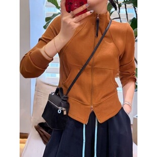 巨好看的立体裁剪拉链立领无帽卫衣外套女秋百搭修身健身休闲上衣