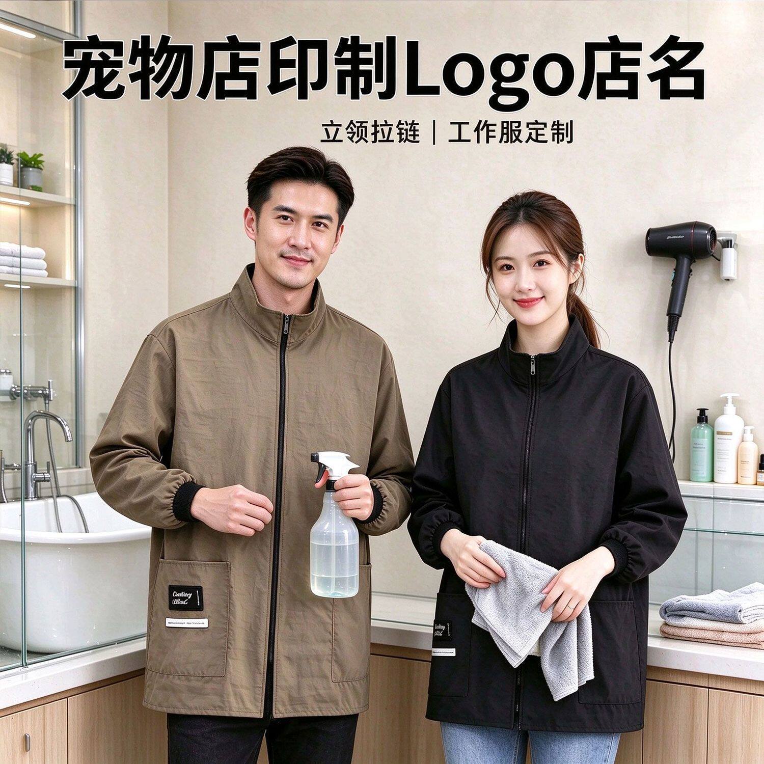 宠物店围裙工作服定制印logo店名立领拉链长袖罩衣美容师洗护防污