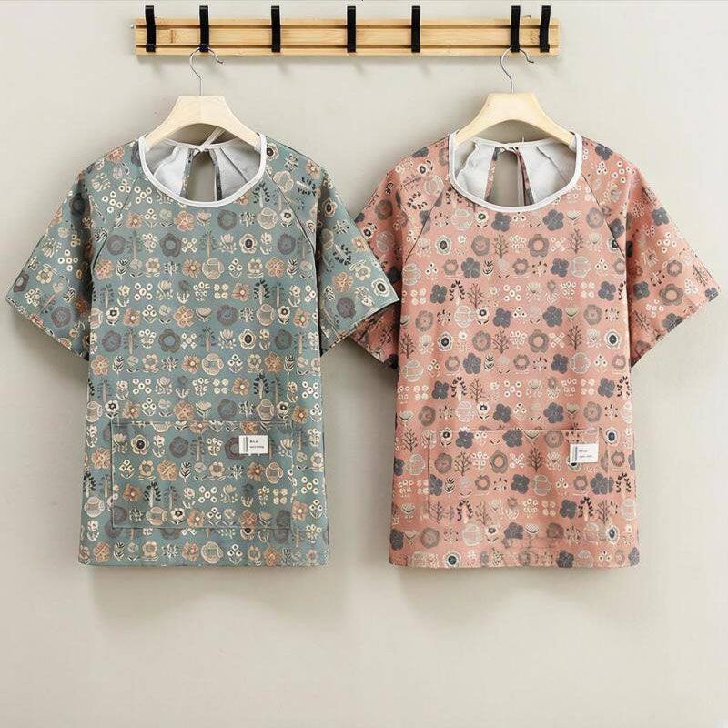 韩式竹节棉短款半袖围裙小吃早餐店服务员工作服饭店后厨食堂罩衣