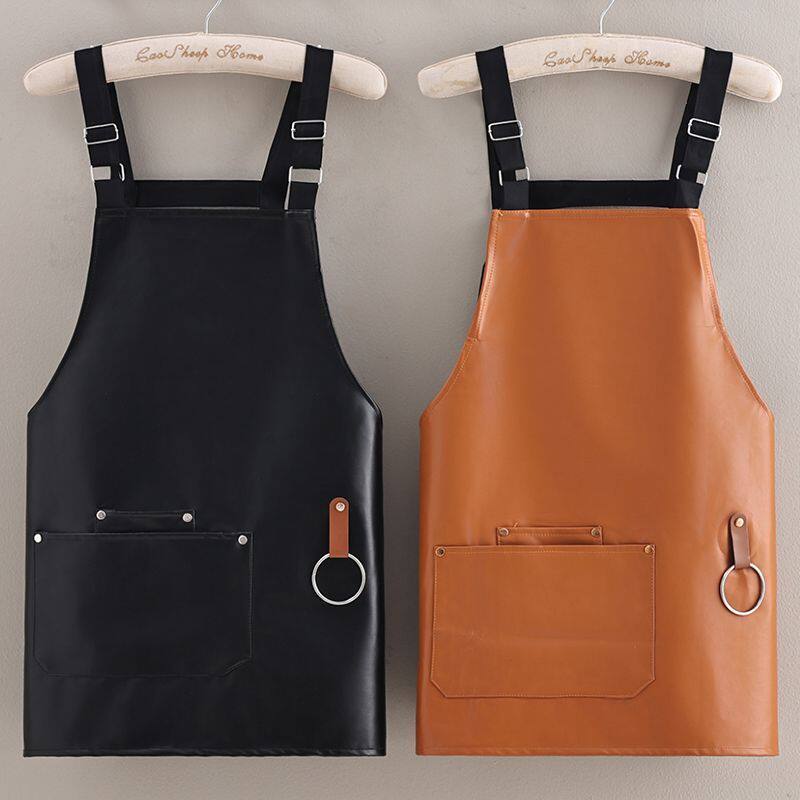 新款可调节肩带圆环皮革PU围裙防水防油餐饮后厨服务员工作围腰
