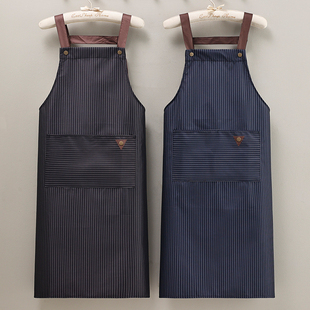 简约竖条纹围裙女家用厨房做饭防水防油男工作厨师餐饮专用加长款