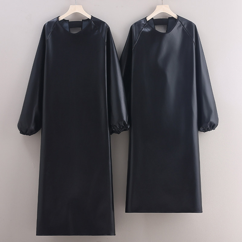 抗酸碱皮革加长pu反穿纯色简约长袖围裙防水防油海鲜店罩衣免洗衣