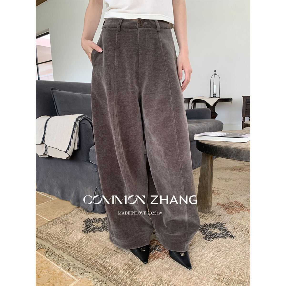 CZ ZHANG秋冬山海绒低腰慵懒阔腿裤女百搭宽松拖地休闲裤B41099-