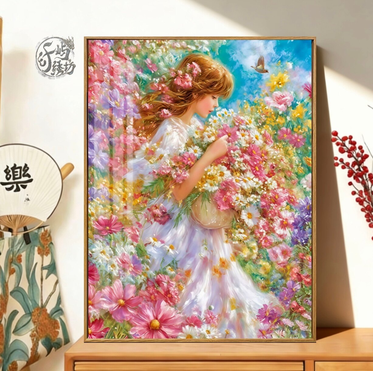 捧花女孩十字绣新款高级感卡通人物花卉线绣客厅玄关手工diy自绣