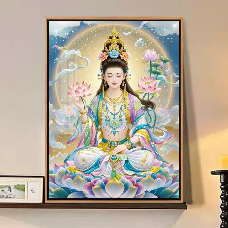 国风手握莲花观音十字绣新款高颜值菩萨画像线绣客厅玄关diy自绣