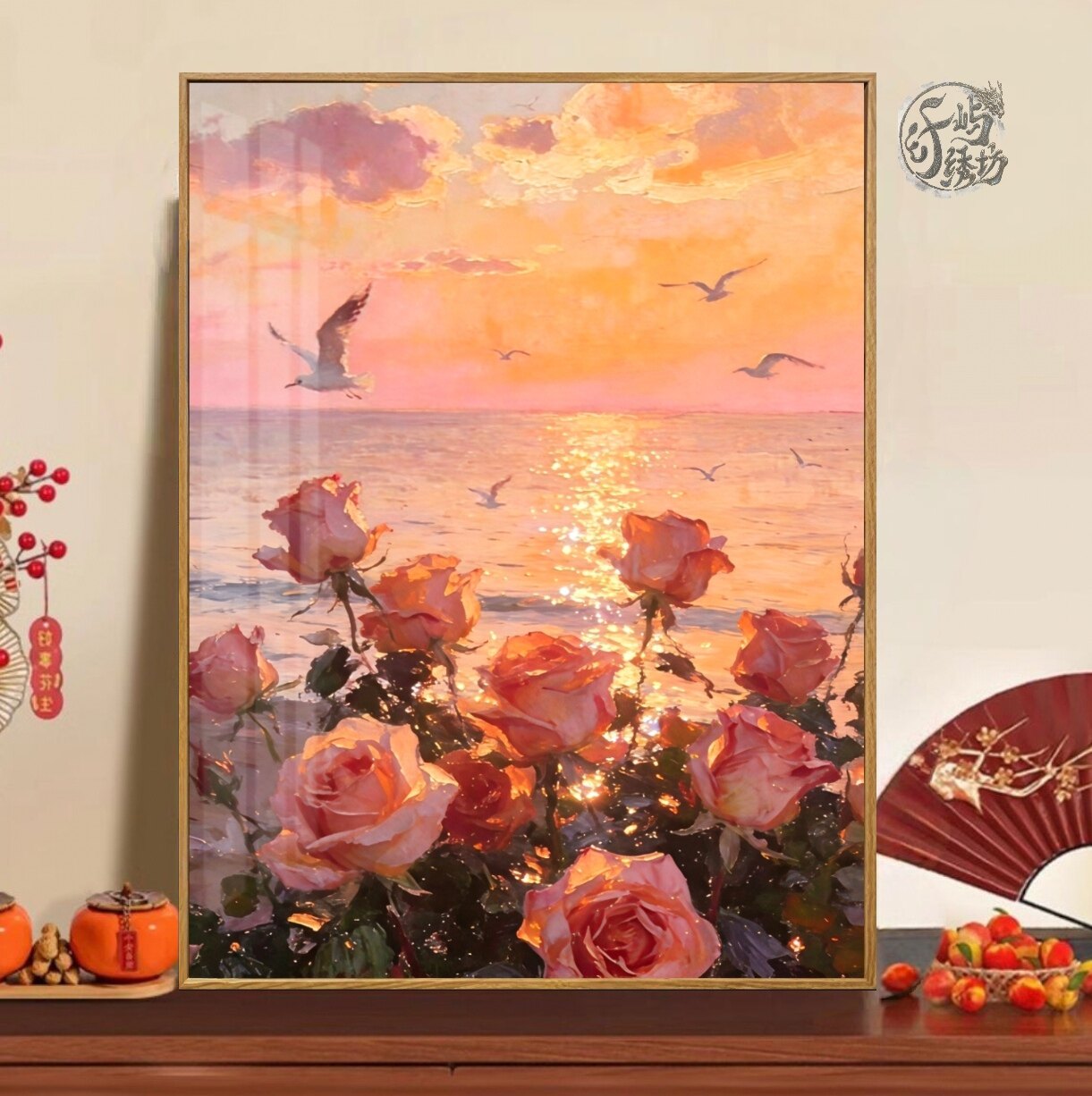 海边玫瑰十字绣新款高颜值治愈系海面风景线绣客厅玄关diy自己绣